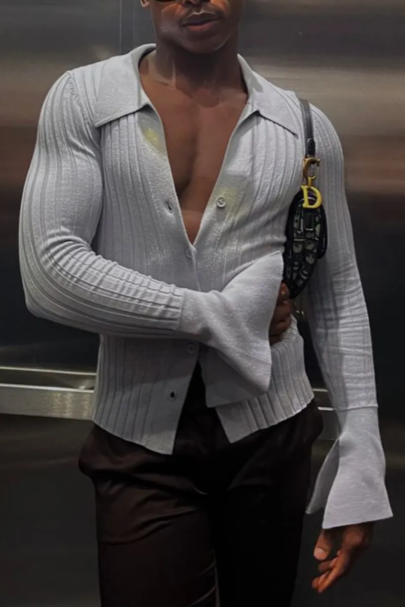 Ciciful Men's Ribbed Flared Long Sleeve Slim Fit Gray Top