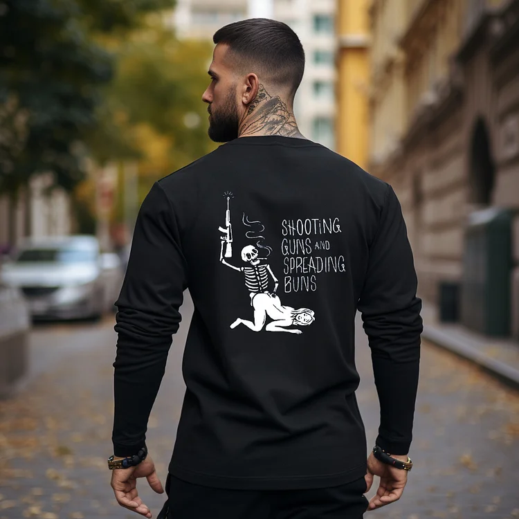 SHOOTING GUNS AND SPREADING BUNS Skull with Sexy Lady Graphic Print Longsleeves Shirt
