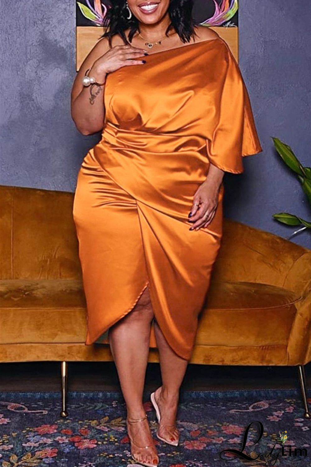 Ink Green Fashion Plus Size Solid Split Joint Backless Fold Oblique Collar Irregular Dress