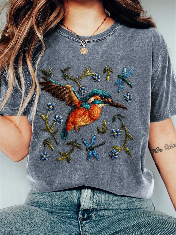 Comstylish Hummingbird & Dragonflies Floral Embroidery Vintage T Shirt