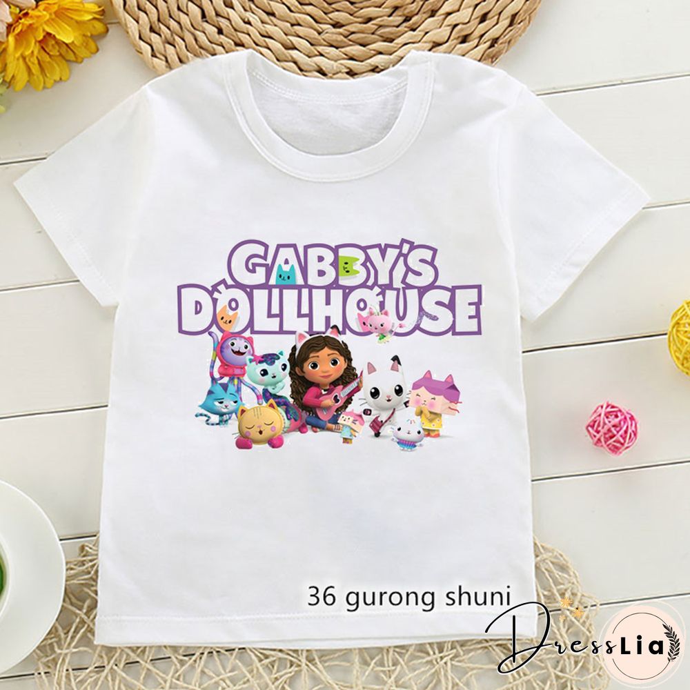 Kawaii Girls T Shirts Gabbys Doll House Cartoon Print Childrens Tshirt Summer Tee Girls Clothes White Camisole Tops