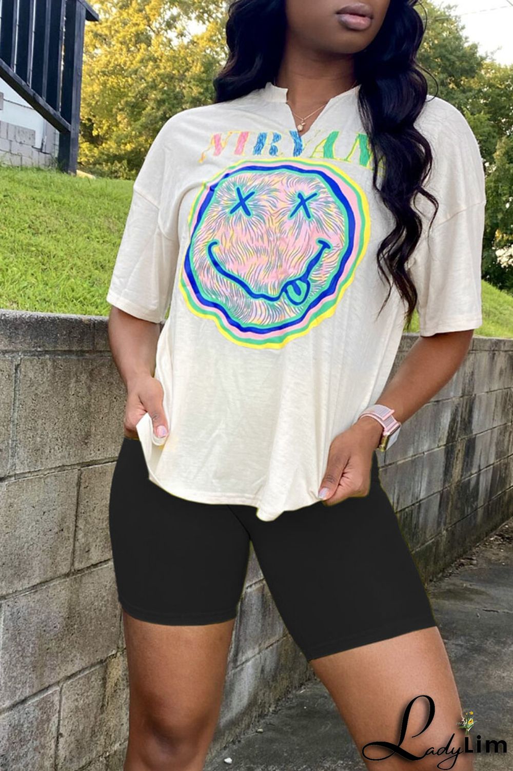 Black Casual Print Patchwork V Neck Short Sleeve Two Pieces