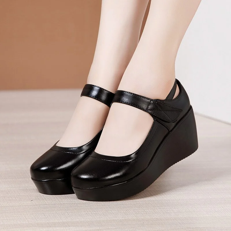 Qengg Toe Wedge Pumps Women Shoes Mary Jane Shoes Thick Bottom Leather Shoes Platform Pumps Fashion Brand New Large Size