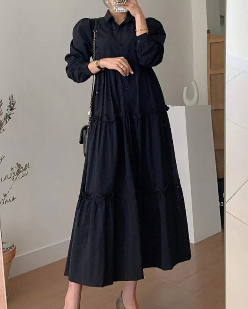 Solid color dress with lapel long sleeves