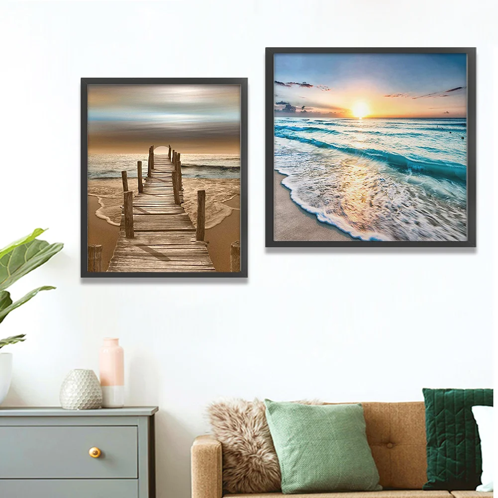 (2pcs)11CT Full Stamped Cross Stitch - Seaside(Canvas|40*40CM)/(Canvas|36*46CM)