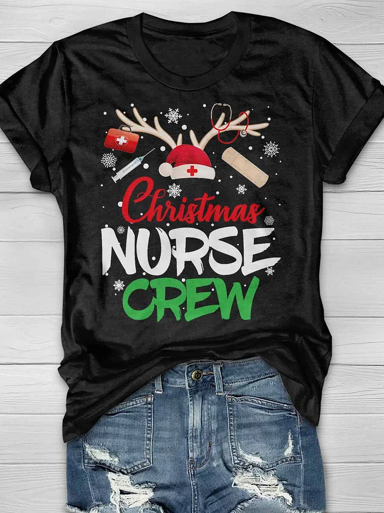 Christmas Nurse Crew Print Short Sleeve T-shirt