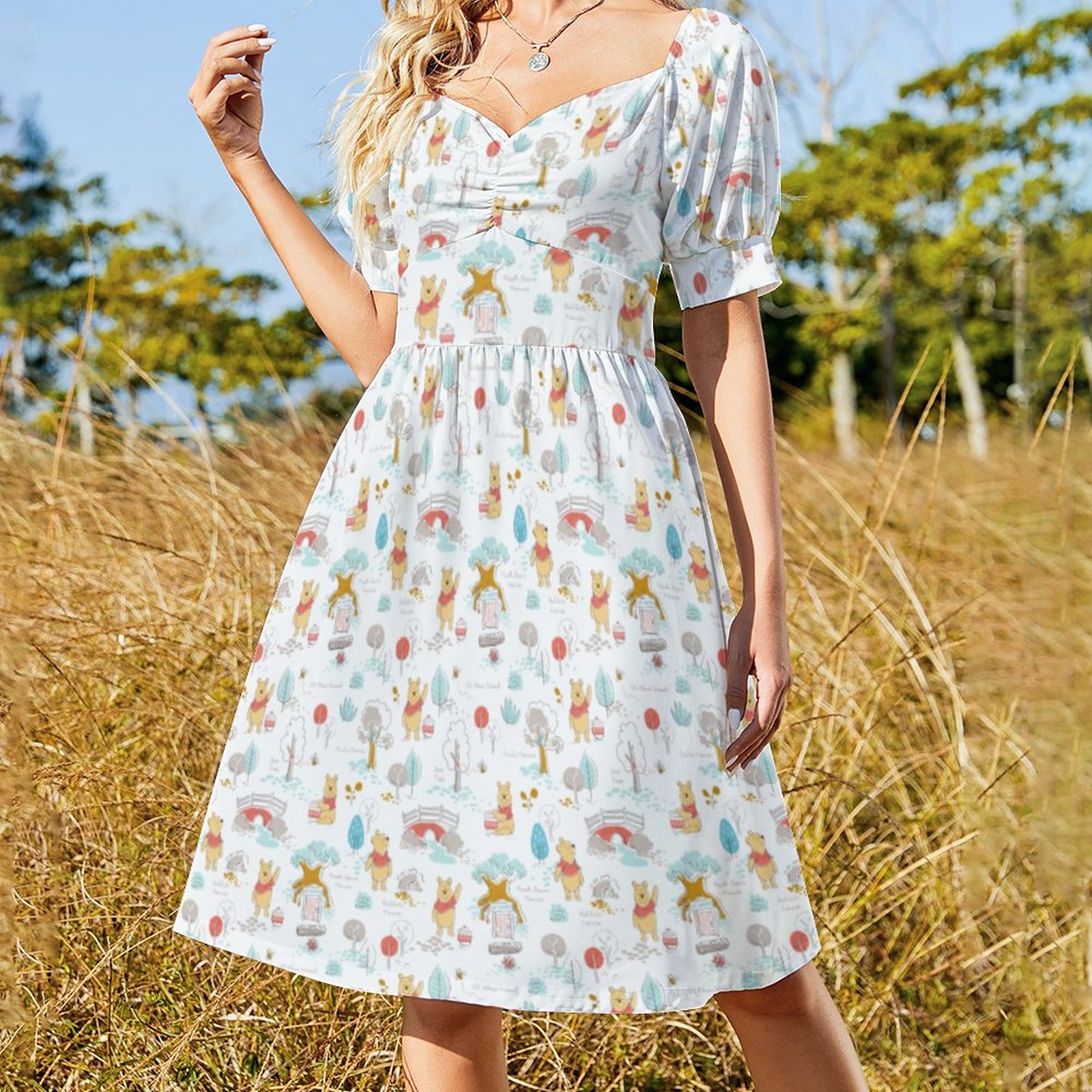 SFNEEWHO Cute Bear In The Hundred Acre Wood Dress Women Boho High Waist ...