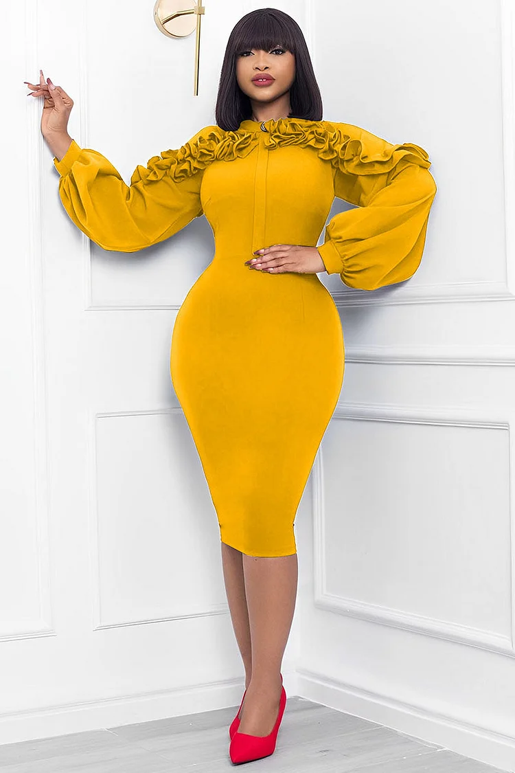 Ruffled Lantern Sleeve Elegant Bodycon Midi Dresses