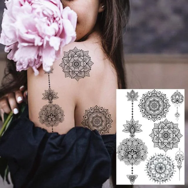 REJASKI Black Henna Lace Temporary Tattoos Sticker For WOmen Butterfly Moth Mehndi Flower Fake Tatoo Sticker Feather Flora Tatoo