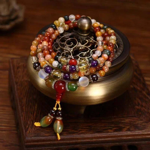 108 Agate Fu Lu Shou Colorful Healing Mala Bracelet