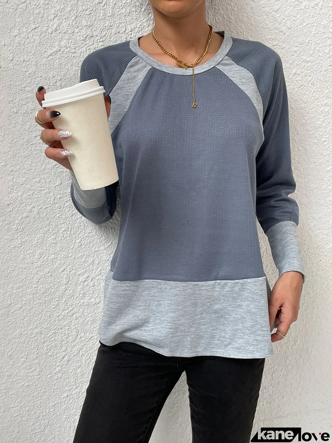 Waffle-knit Round Neck Raglan Sleeve Tee