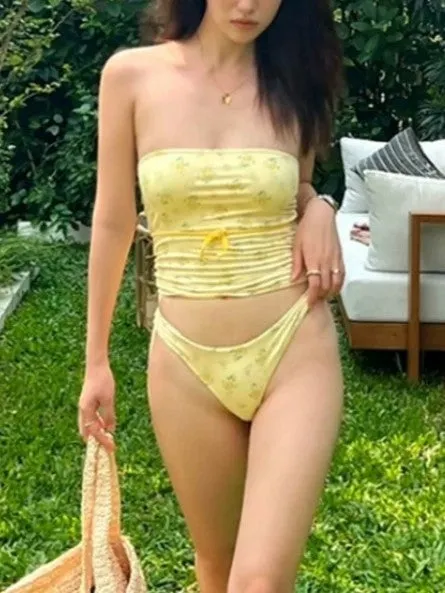 Brownm Cute Floral Swimsuit Two Piece Set
