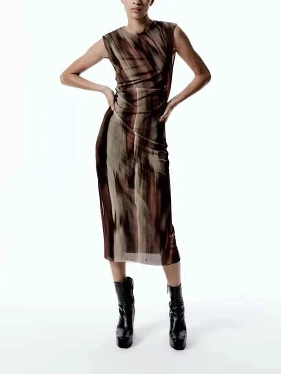 Round Neck Sleeveless Tie-Dye Slim Fit Mesh Dress