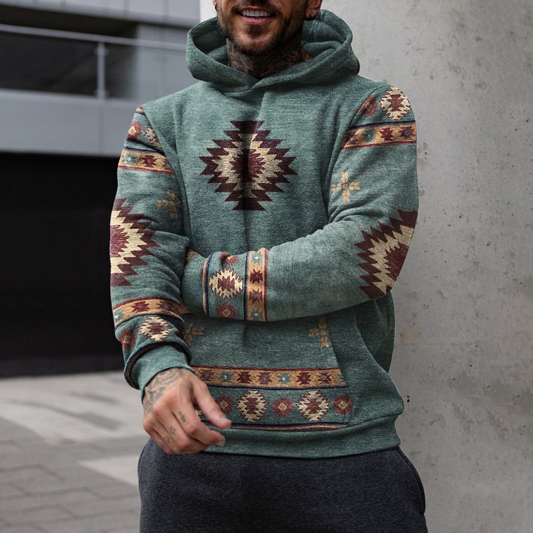 Vintage Men's Casual Western Ethnic Geometric Print Hooded Sweatshirt、、URBENIE