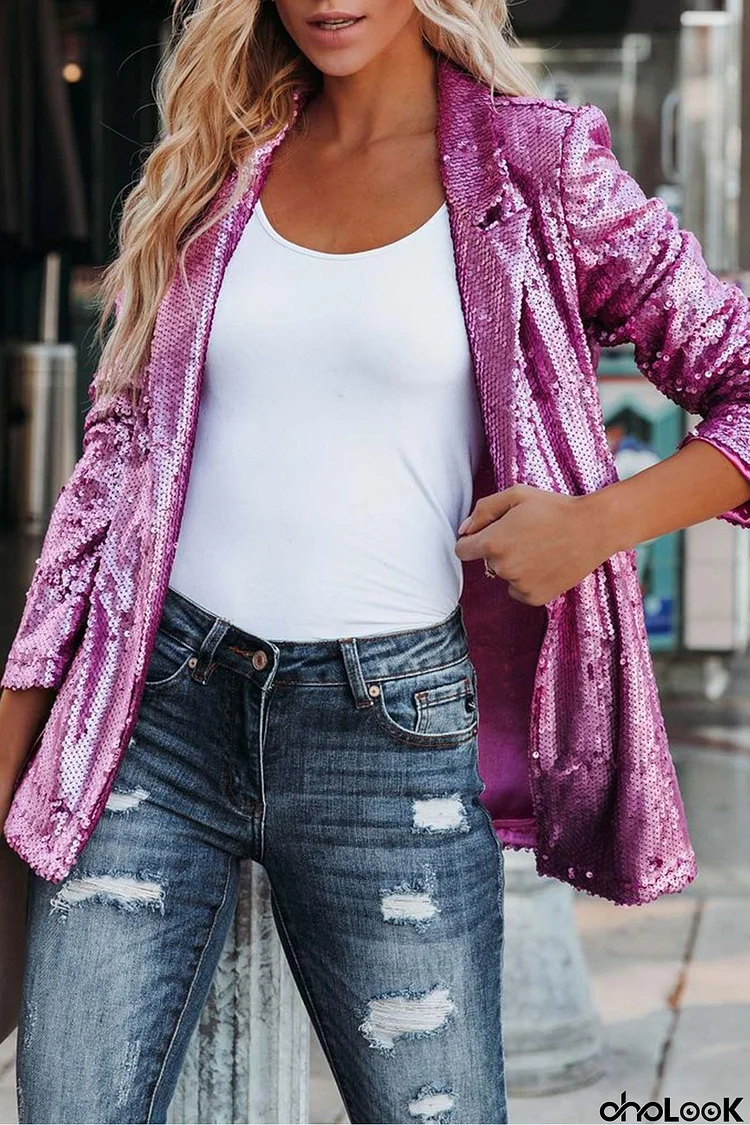 Sequins Solid Color Long Sleeve Blazer