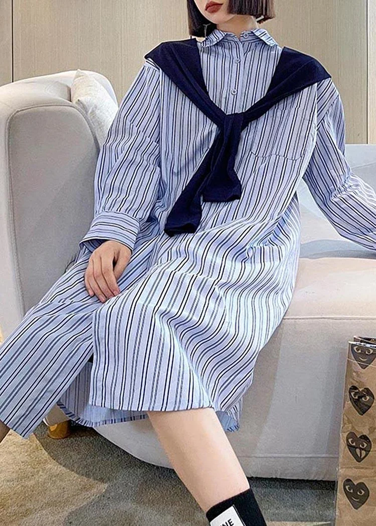 Blue Stripe Long Patchwork Cape Design Loose Shirt Dress