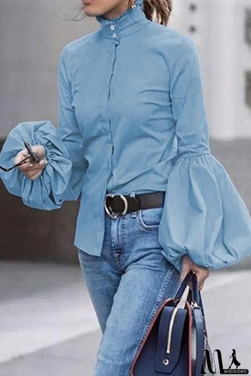 MidiSono - Button Puff Sleeve Shirt