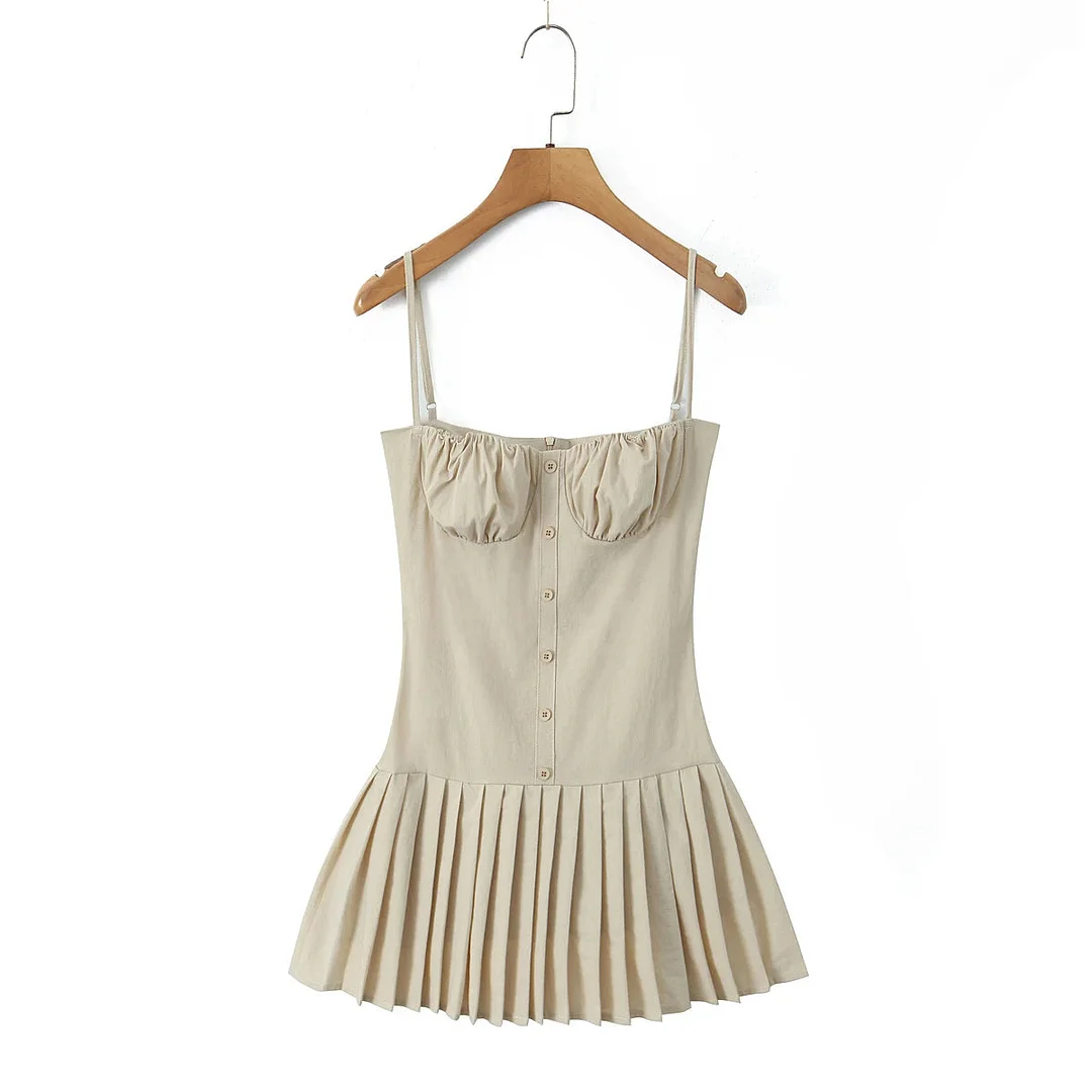 Toloer Cami Pleated Buttoned Mini Dress-Outfit Ideas