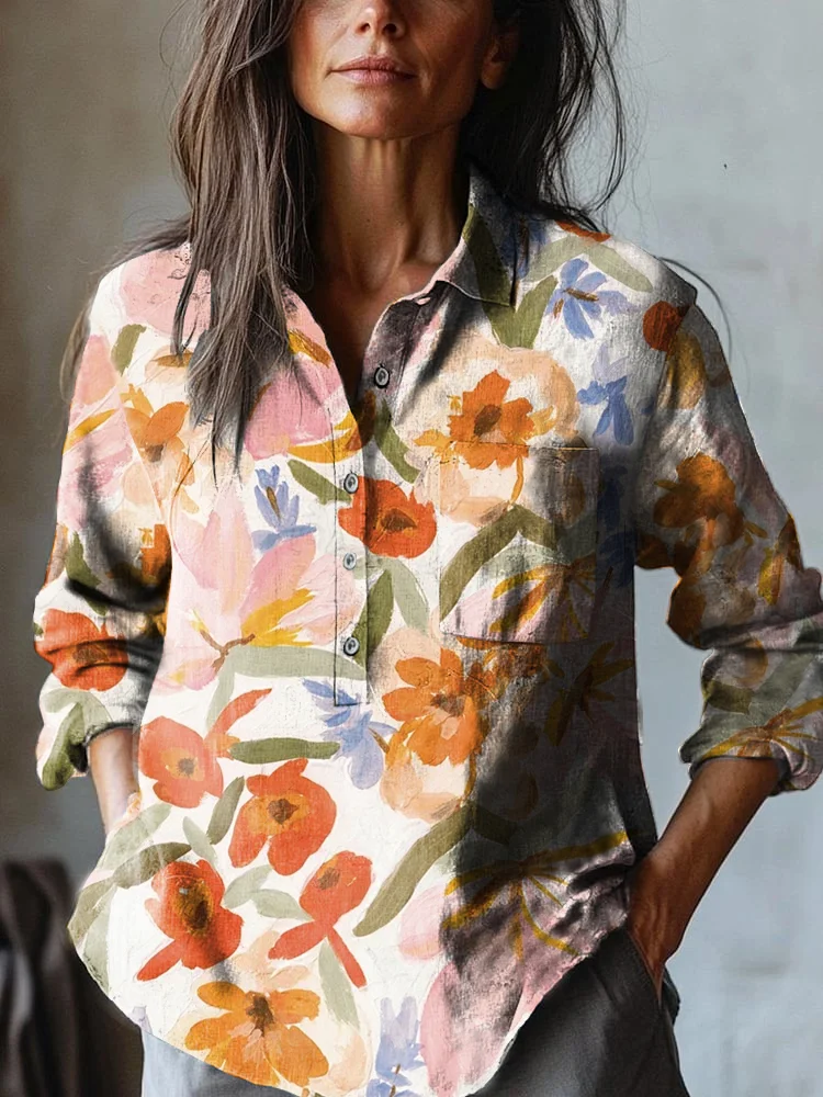 Women's Watercolor Floral Print Casual Cotton and Linen Shirt