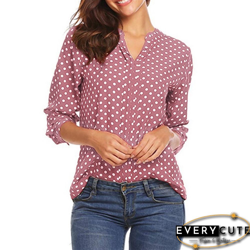 Pink Polka Dot V Neck Long Sleeve Chiffon Top