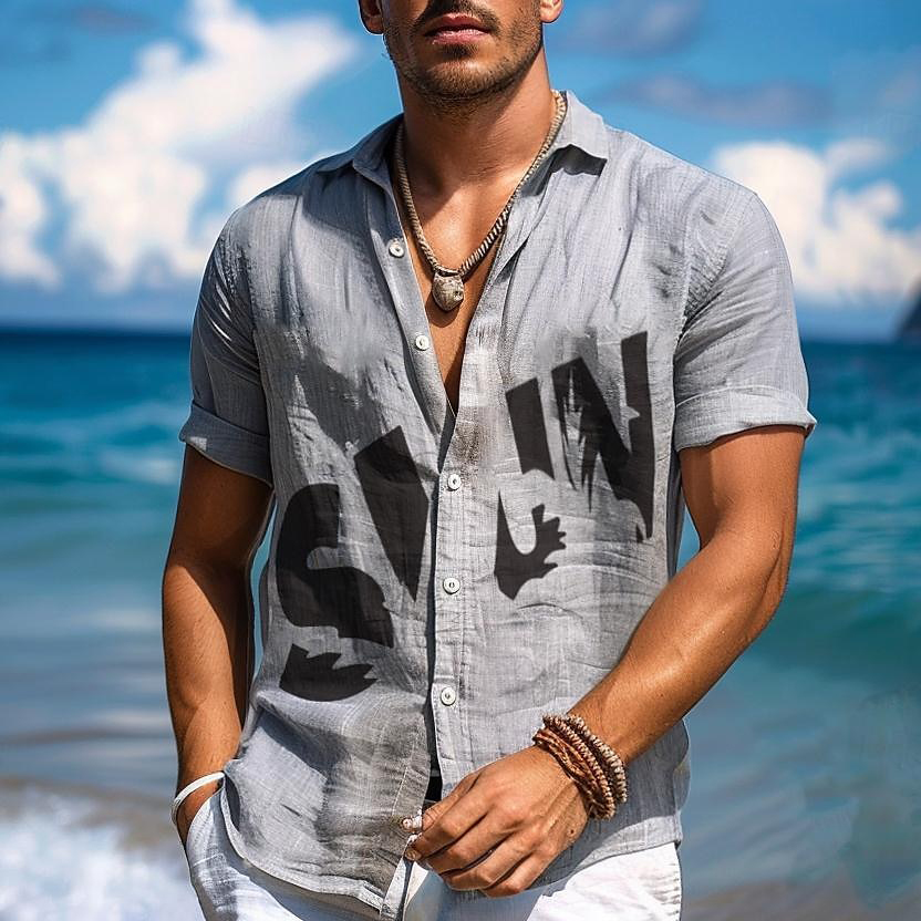 Men's Cotton Linen Gray Short Sleeve Turndown Summer Causal Shirt / TECHWEAR CLUB / Techwear