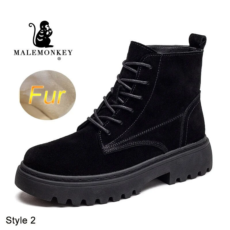 High Qualtiy Women Winter Boots Leather 2021 Fashion Ankle Boots Non Slip Platfrom Boots Warm Short Plush Female Shoes Handmade