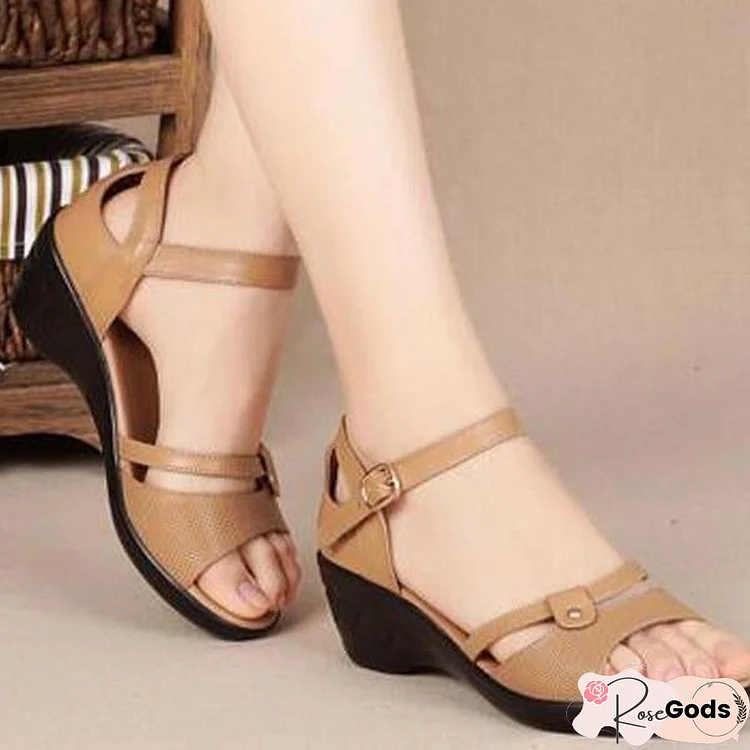 Cowhide Middle-Aged Mother Sandals Genuine Leather Wedged Sandals