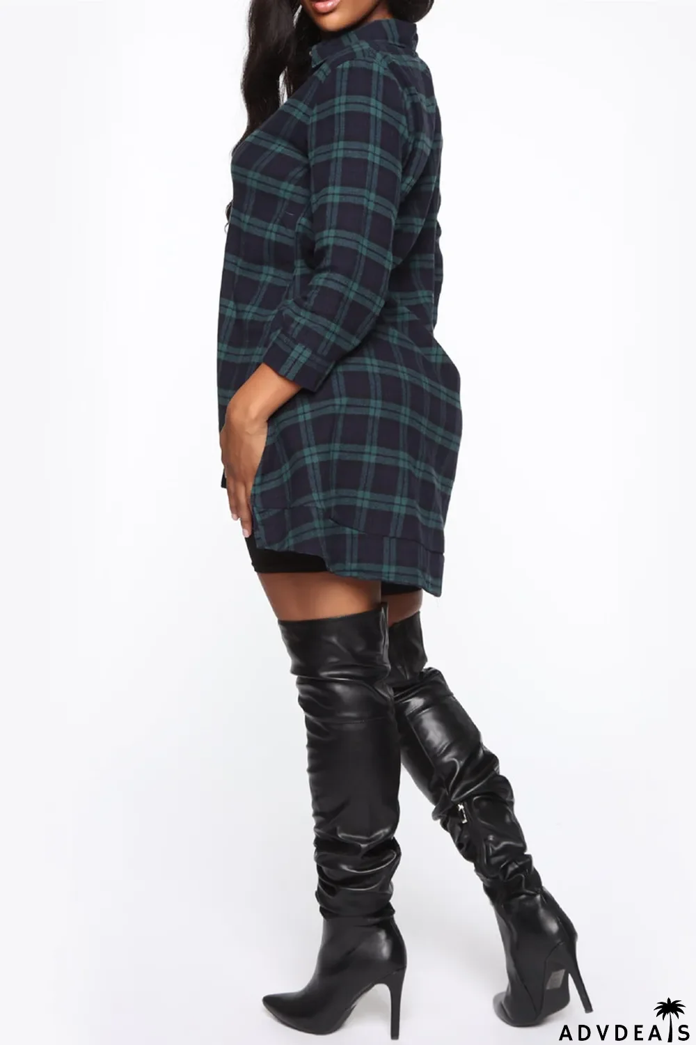 Blue Fashion Casual Plaid Print Asymmetrical Turndown Collar Tops