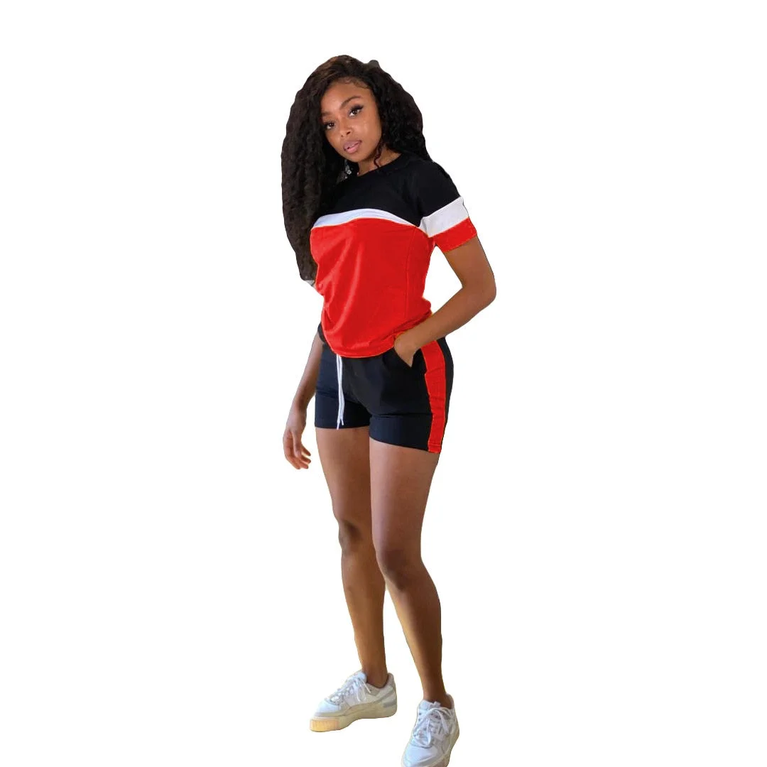 CM.YAYA Active Patchwork Sweatsuit Women's Set Tee Tops and Shorts Matching Set Jogger Tracksuit Two 2 Piece Set Fitness Outfit