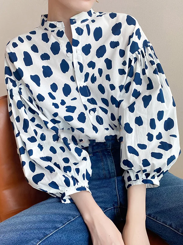 Split-Joint Polka-Dot Pleated Puff Sleeves Loose Stand Collar Blouses