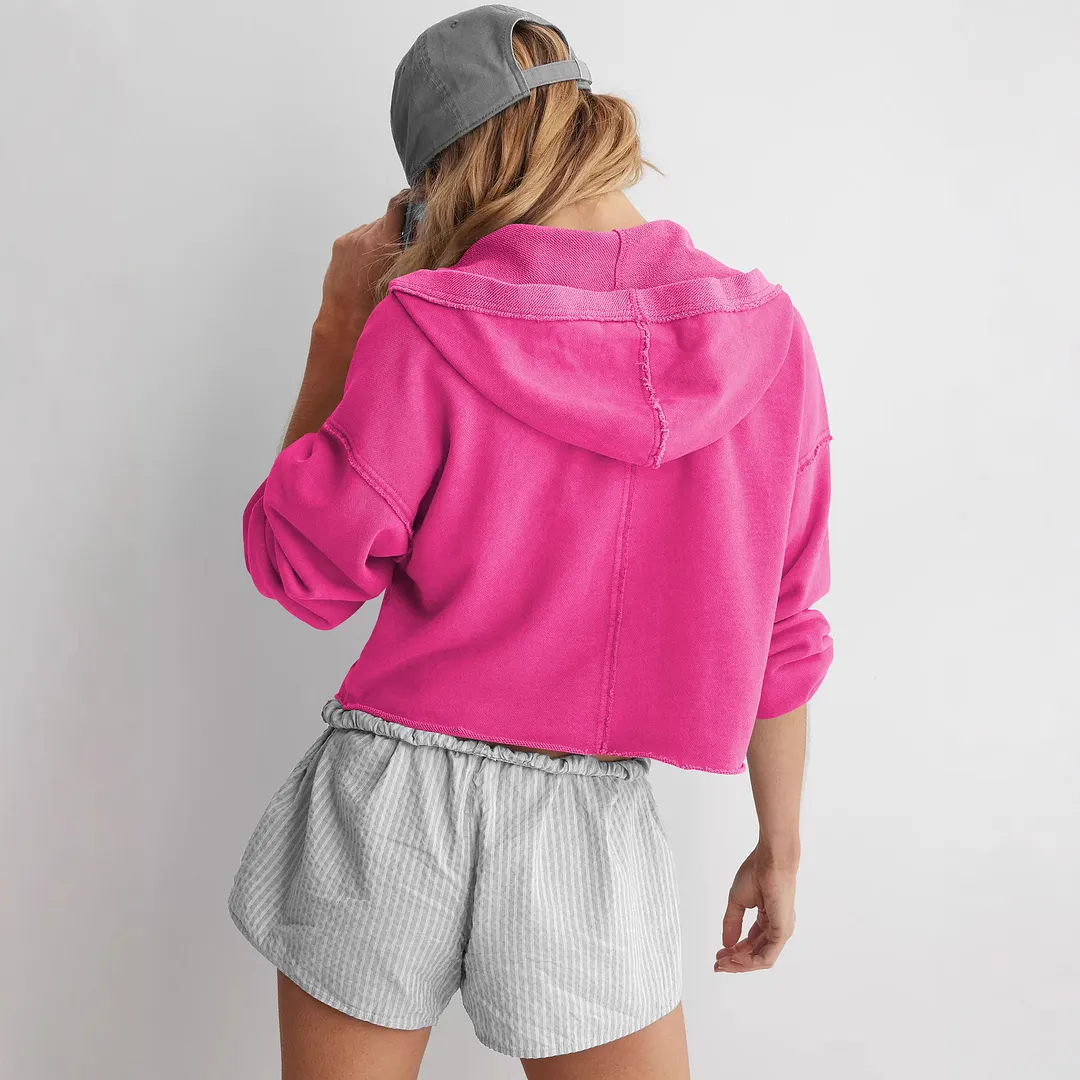 Women's Vintage Washed Hoodie Half Zip Cropped Oversized Hoodie Casual Women Sweatshirt