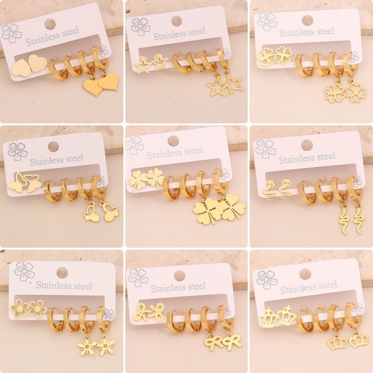 3 Pairs Of Love Butterfly Stainless Steel Earrings Set Flower Crown Earrings E612