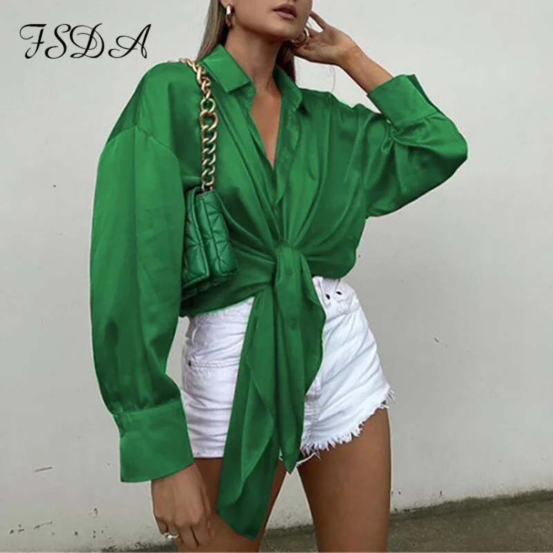 FSDA V Neck Elegant Satin Women Blouse Top Green Sexy Bow Tied Oversized 2021 Long Puff Sleeve Casual Vinatge Tops Shirts