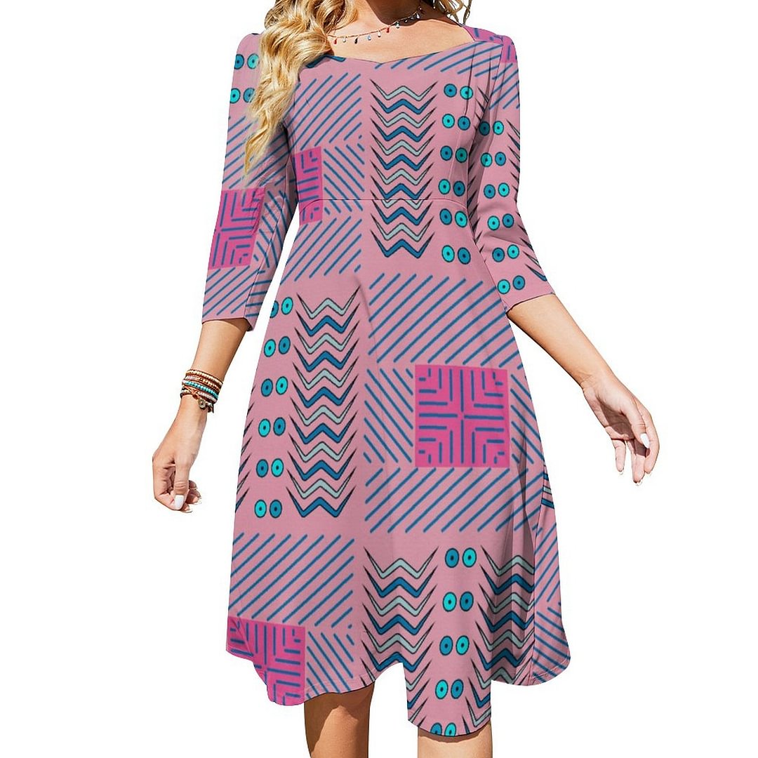 Abstract Geometric Lines And Shapes Dress Sweetheart Tie Back Flared 3/4 Sleeve Midi Dresses