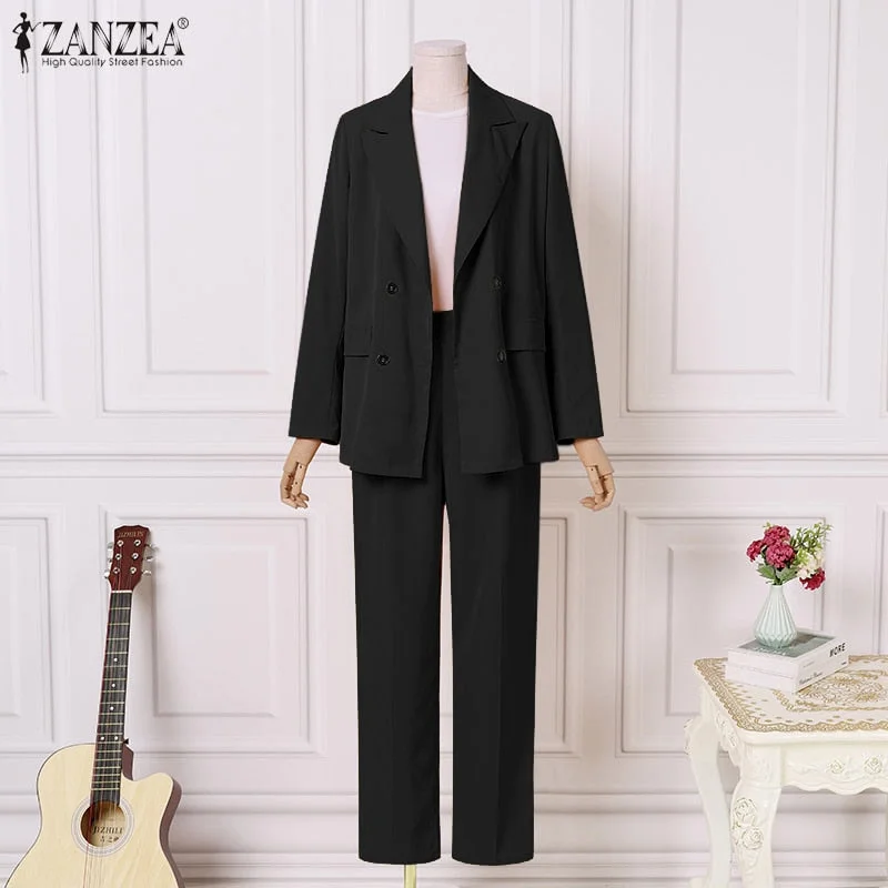 ZANZEA Fashion Blouse Suits Women Solid OL Thin Tops  And Long Pant 2021 Autumn Double-Breasted Shirt Sets Casual 2 Pieces Cloth