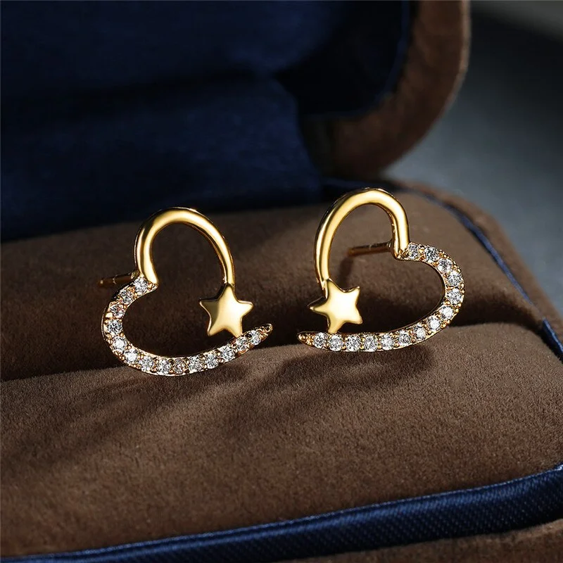 Simple Female White Crystal Star Earrings Luxury Gold Color Stud Earrings For Women Trendy Hollow Love Heart Wedding Earrings