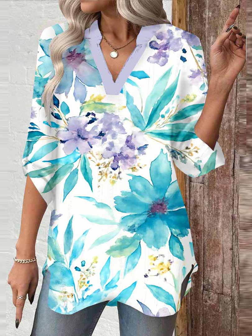 Women Floral,Green DZGA0033 3/4 Sleeve V-neck Printed Graphic Button Tops