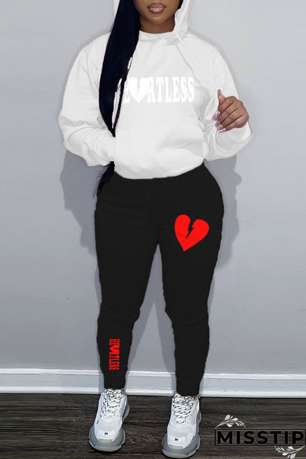 White Casual Print Patchwork Hooded Collar Long Sleeve Two Pieces