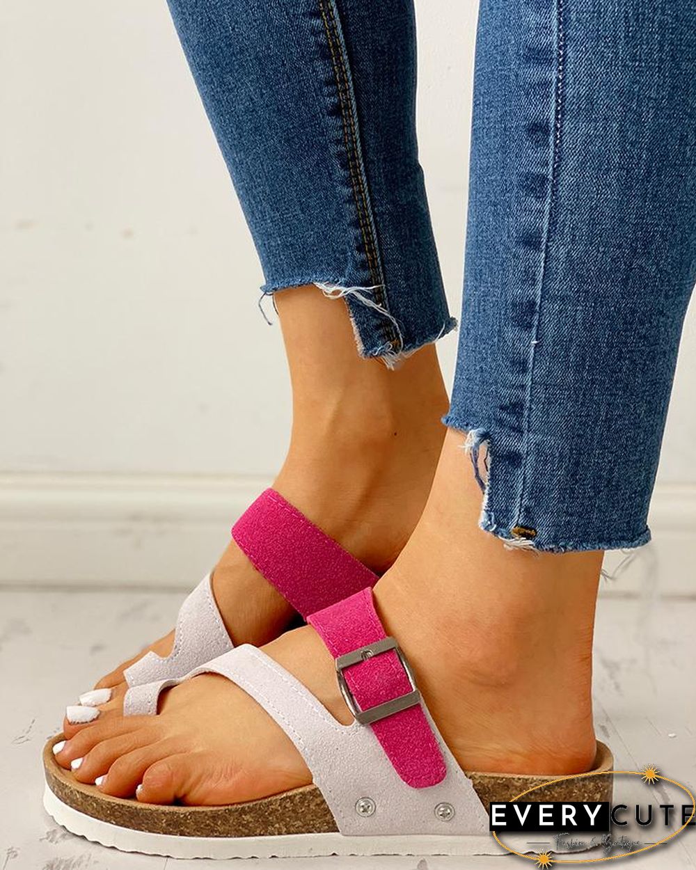 Contrast Color Buckled Flat Thong Sandals