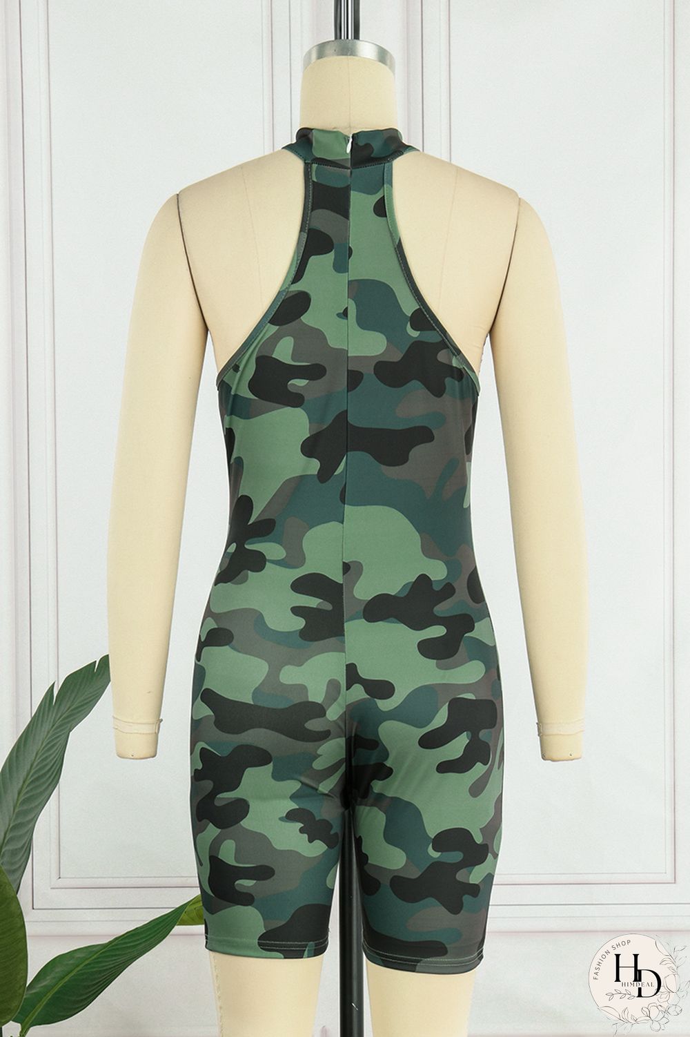 Army Green Casual Solid Camouflage Print Basic Turtleneck Skinny Romper