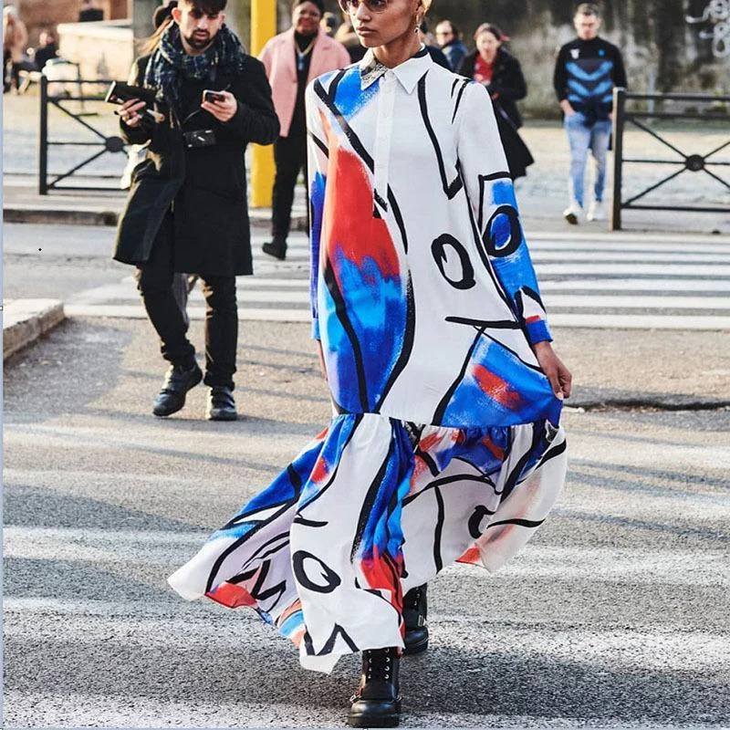 Fashion new multicolor stitching long-sleeved loose-fitting printed dress