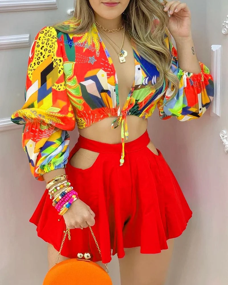 2023 Women New Colorblock Lantern Sleeve Crop Top & Cutout Plain Shorts Set Summer Casual  Hollow Out Shirt 2PCS Suit Sets