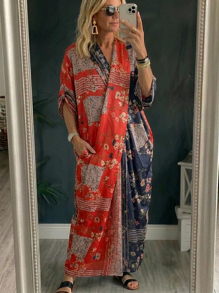 Women&rsquo;s Casual Vintage Print Short Sleeve Crossed Collar Maxi Dress