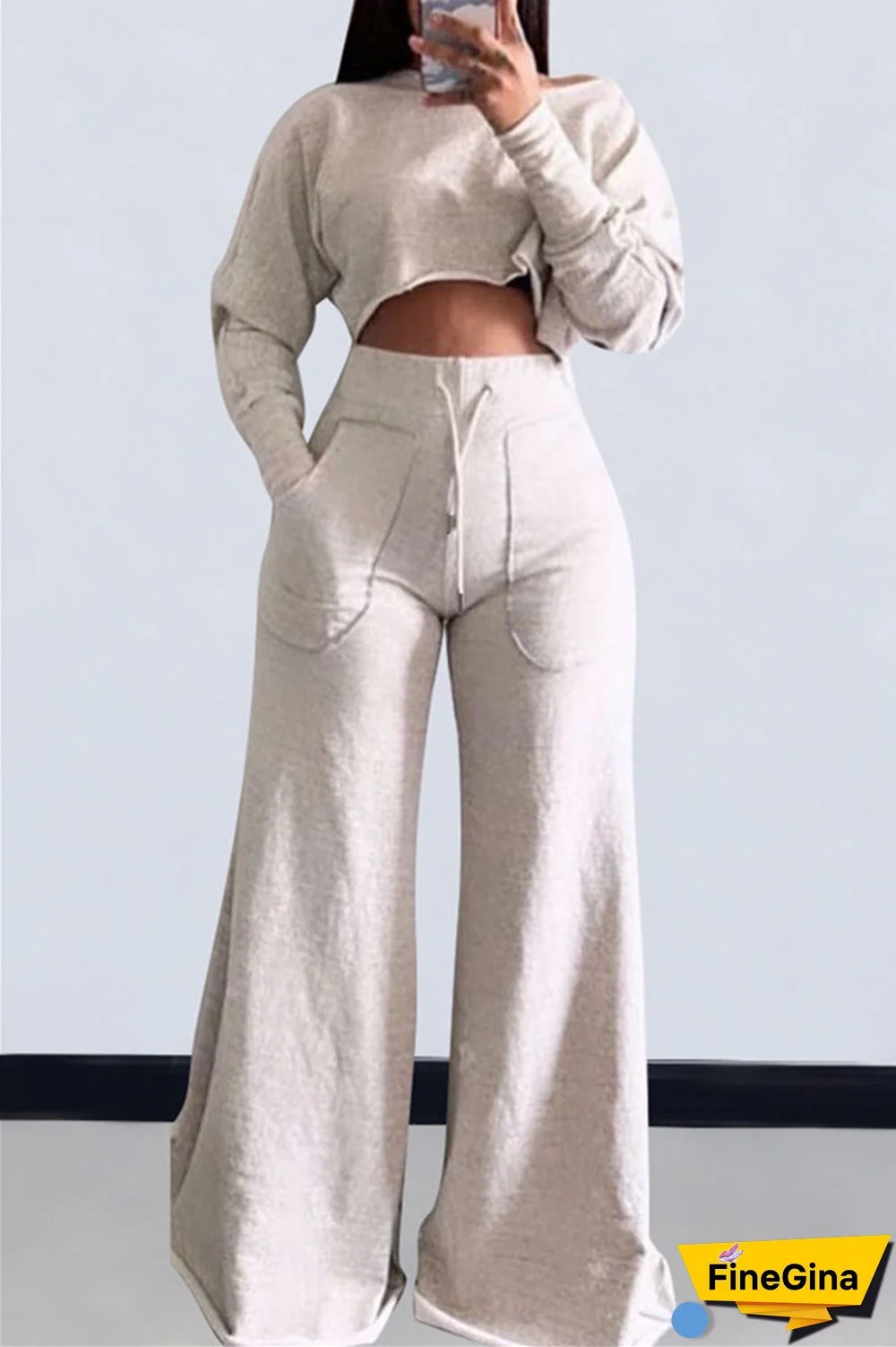 Grey Casual Solid Basic O Neck Long Sleeve Two Pieces