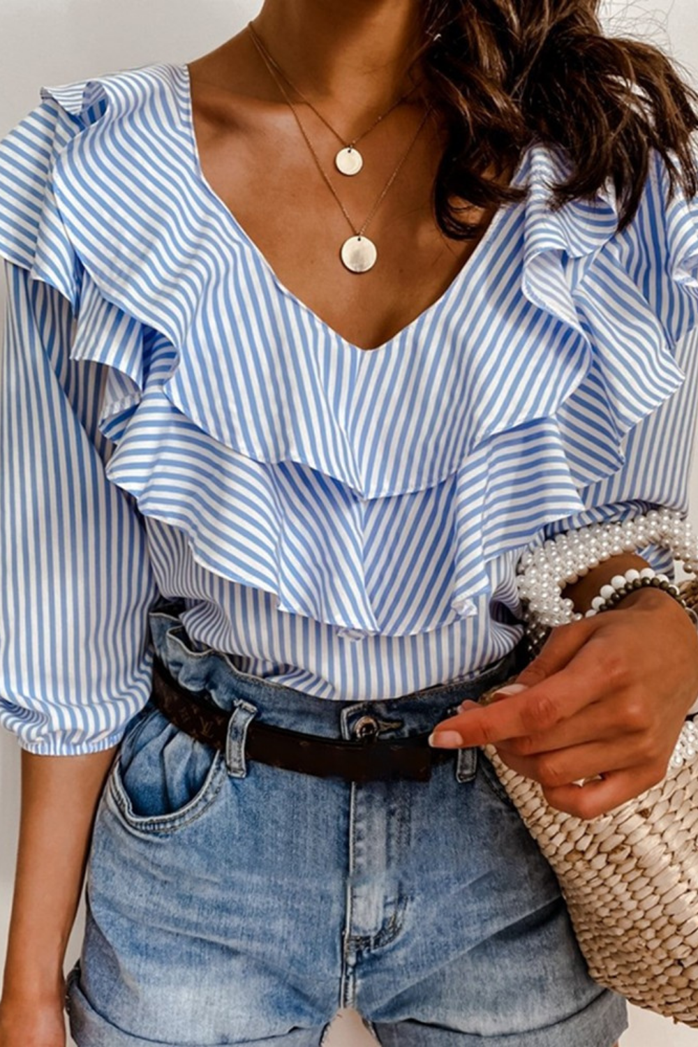 Women's Sexy Lace Tops Blue Striped Ruffles Sleeve Casual shirt