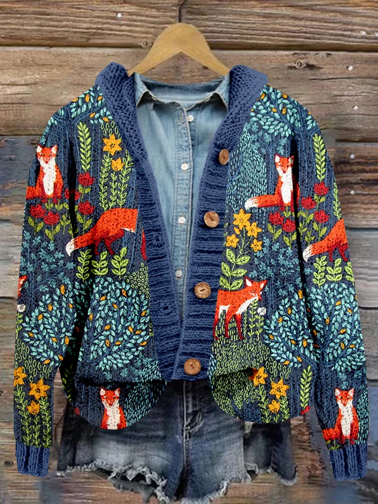 Fox in the Forest Graphic Comfy Hooded Cardigan
