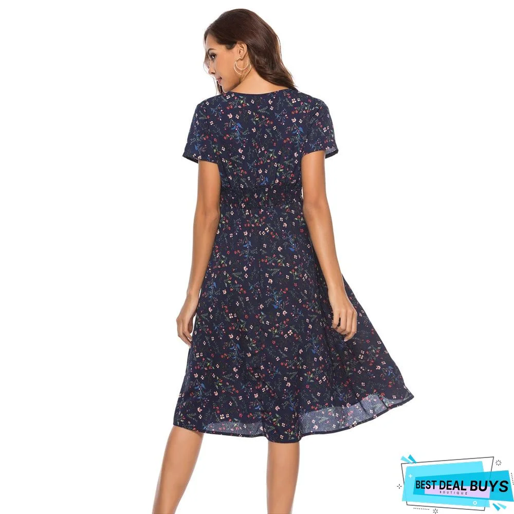 Printed V-Neck Short Sleeve Dress