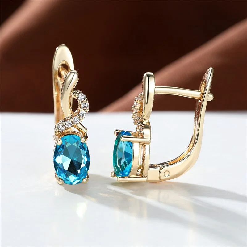 Rainbow Crystal Oval Stone Earrings Charm Female Small Hoop Earrings Champagne Gold Color Engagement Earrings For Women