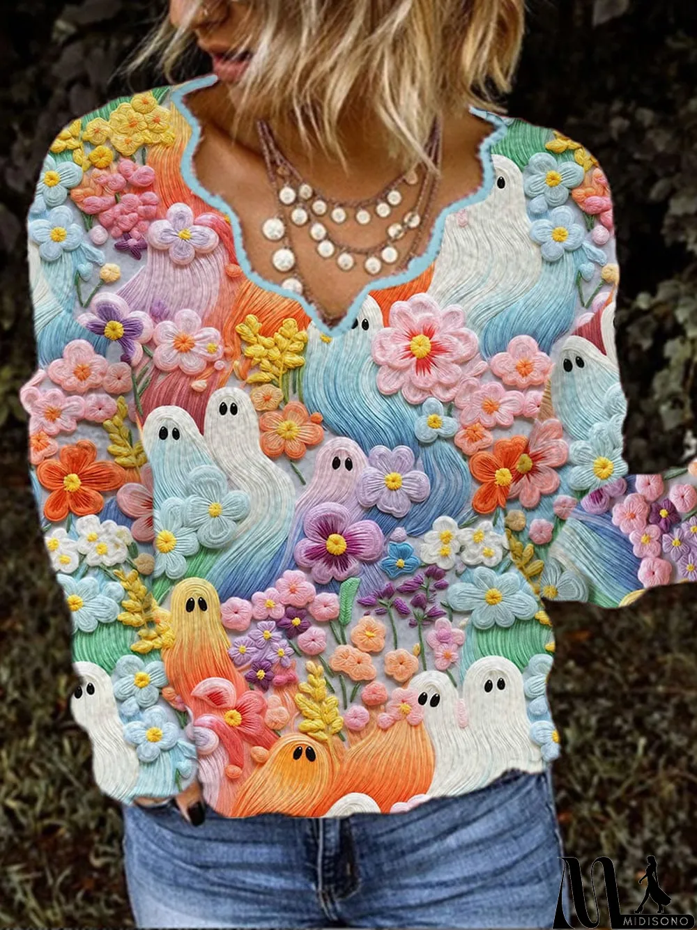 MidiSono - Women's Colorful Ghost Halloween Faux Cashmere V-Neck Top