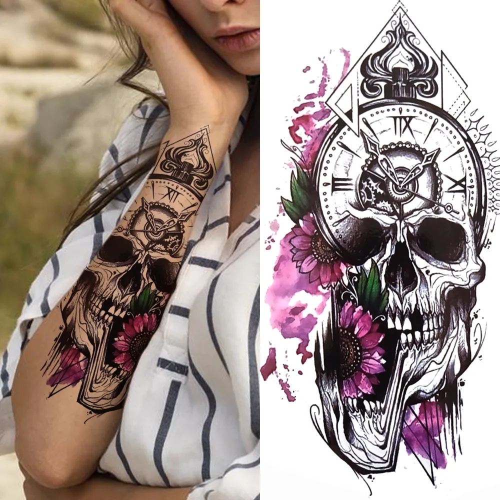 Sdrawing Clock Temporary Tattoo For Men Women Children Skeleton King Dragon Hourglass Black Tattoo Sticker Fake Snake Adults Tatoos
